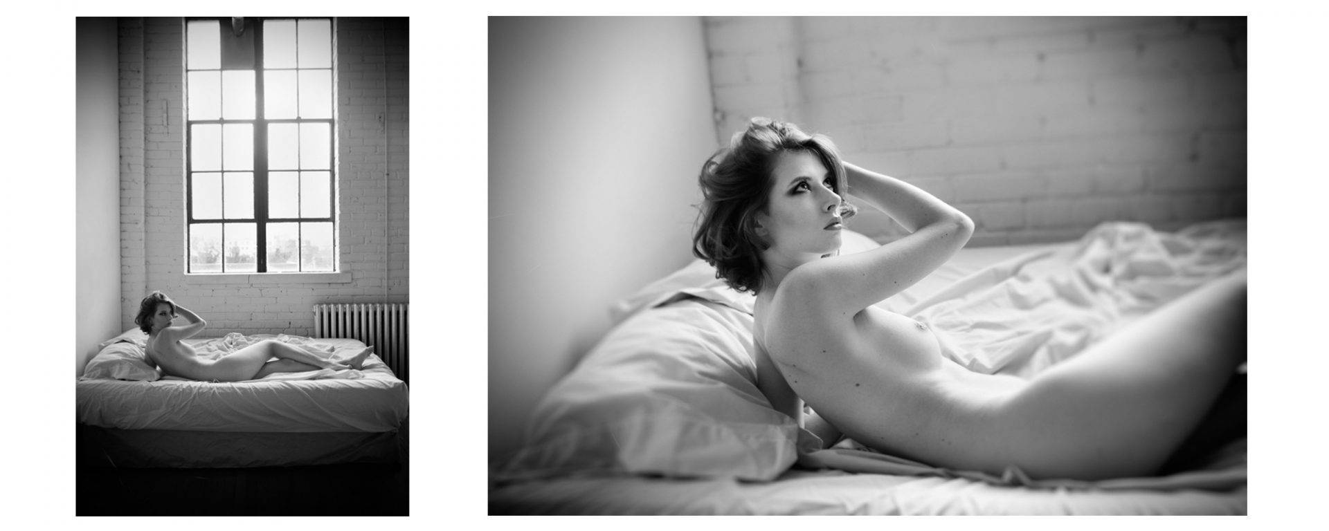 Female artistic nude photos on bed in an industrial studio with big windows in Toronto.