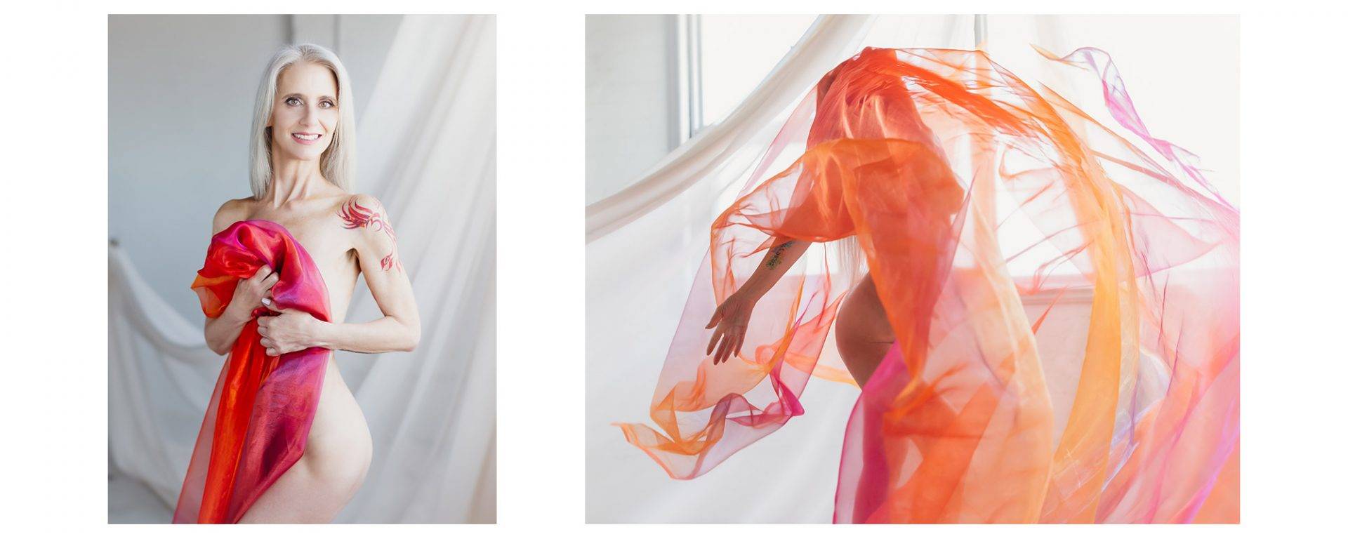 Art nudes of woman dancing with orange fabric