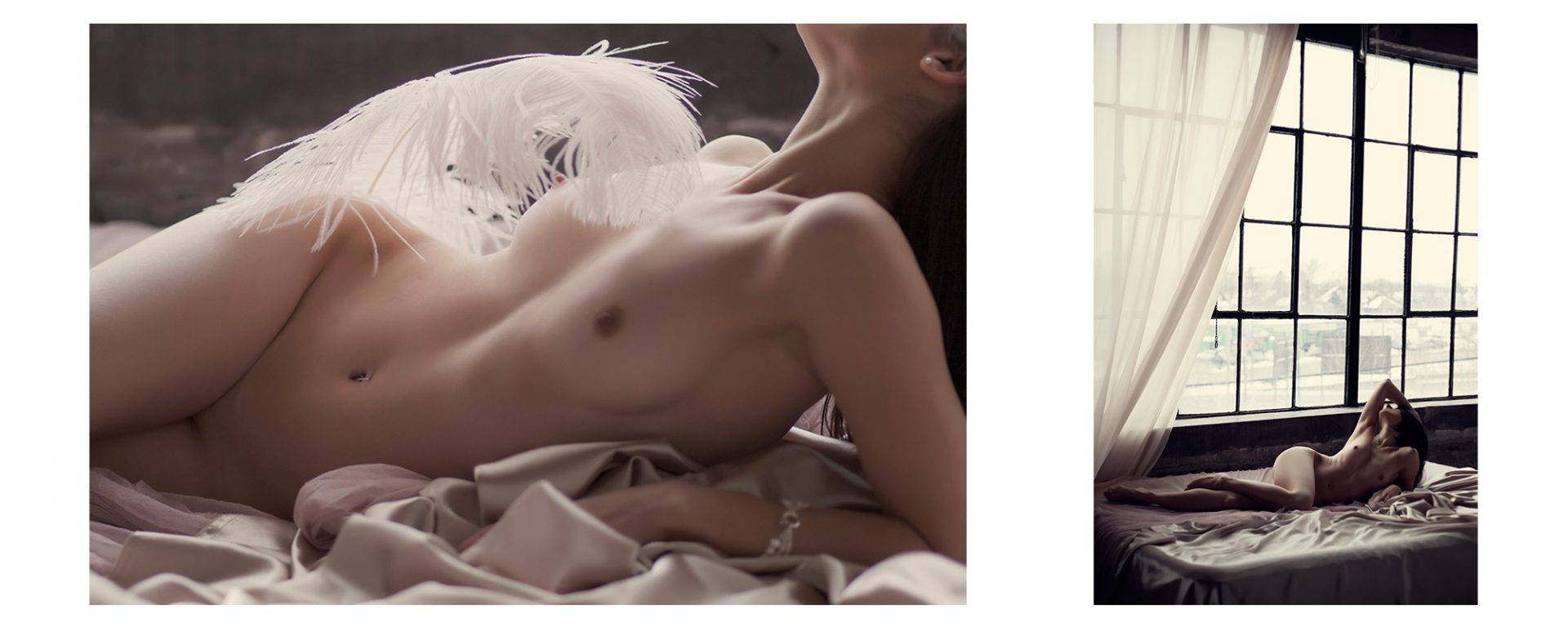 Professional artistic nude photos on bed with silk fabrics and feathers.