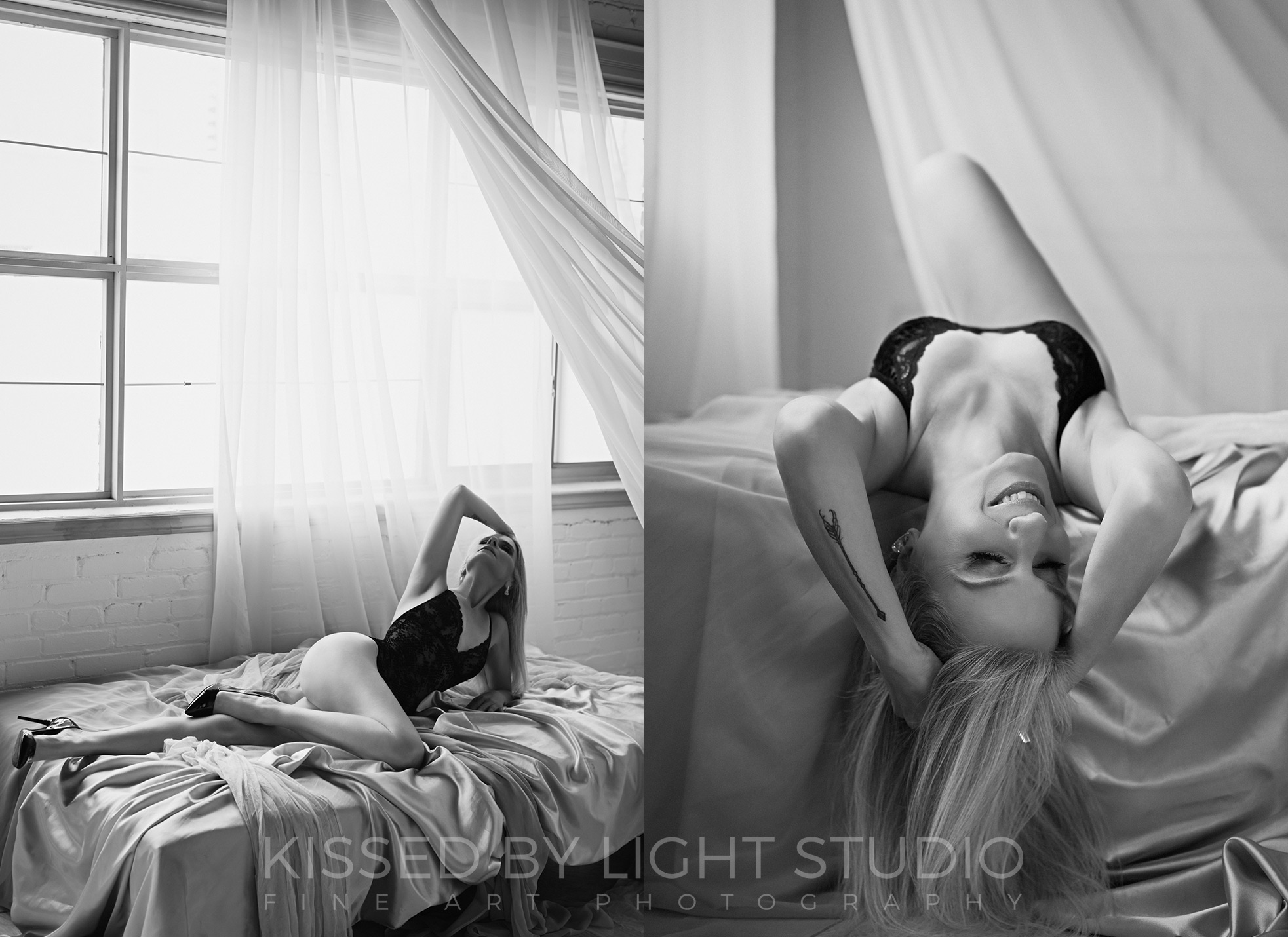 Toronto boudoir featuring woman in black lace on satin sheets