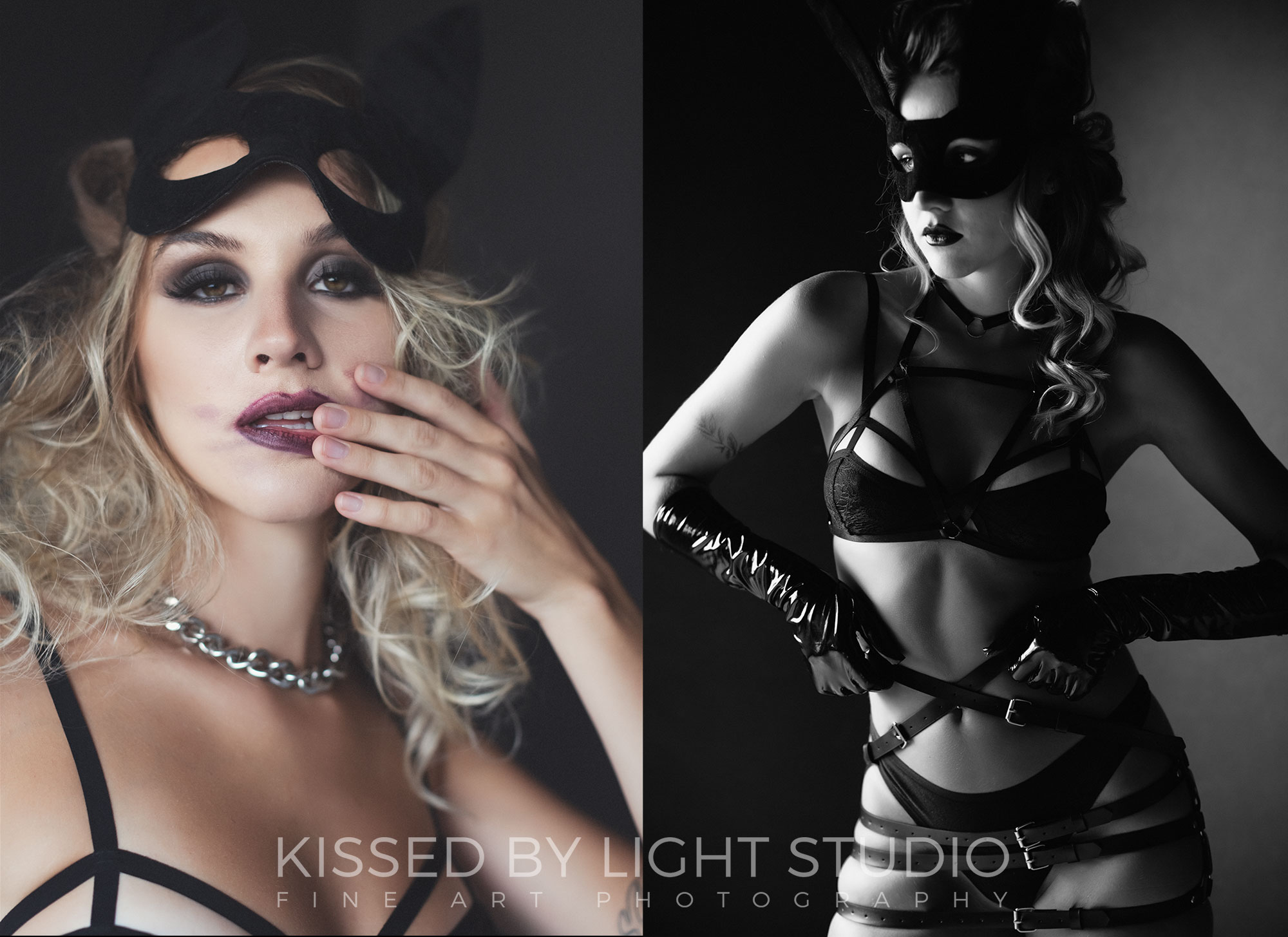 Halloween boudoir photos of blonde in leather corset bondage in Toronto