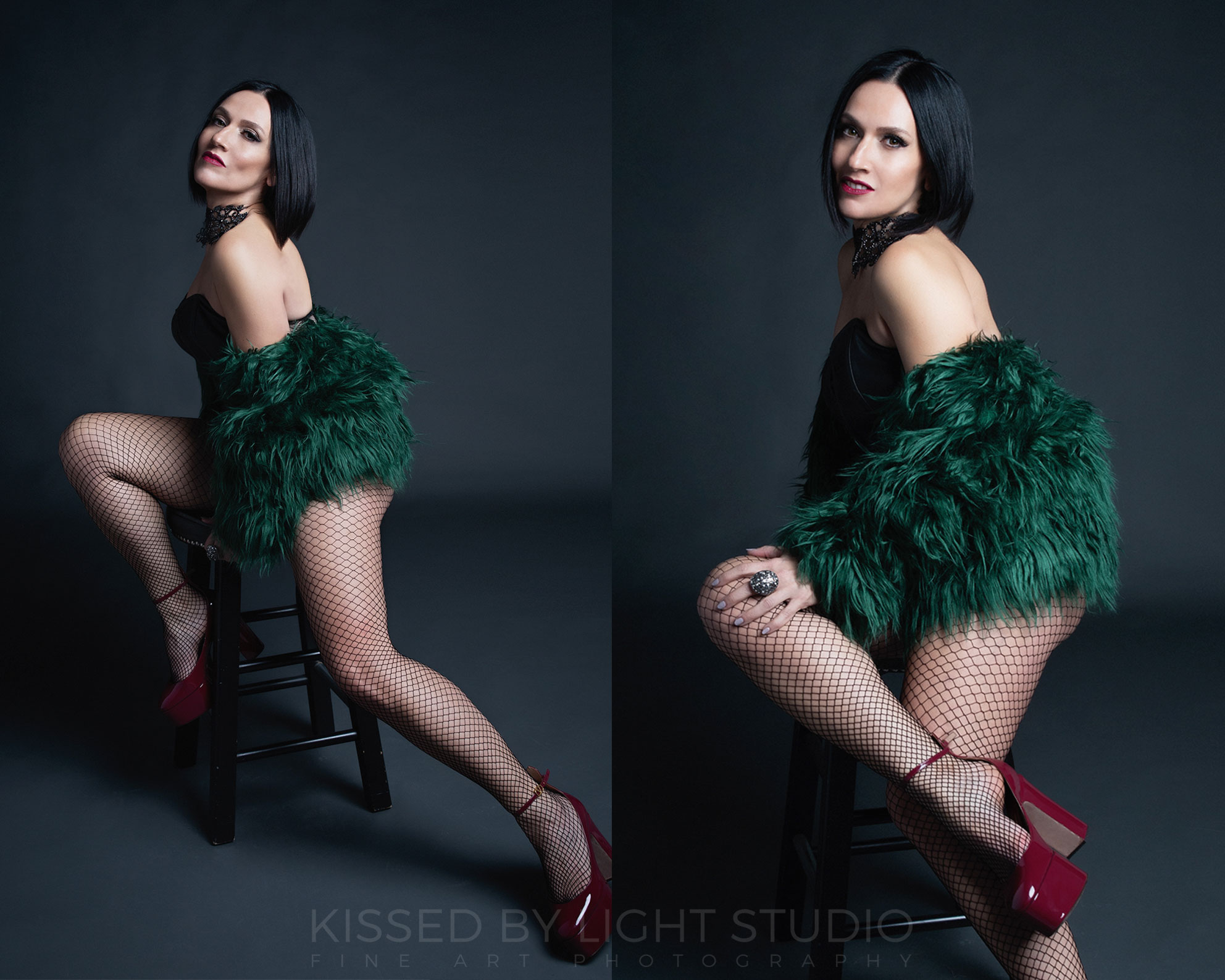 Composition of two portraits of a woman wearing red shoes and fishnets while posing in the best photography studio in Toronto.