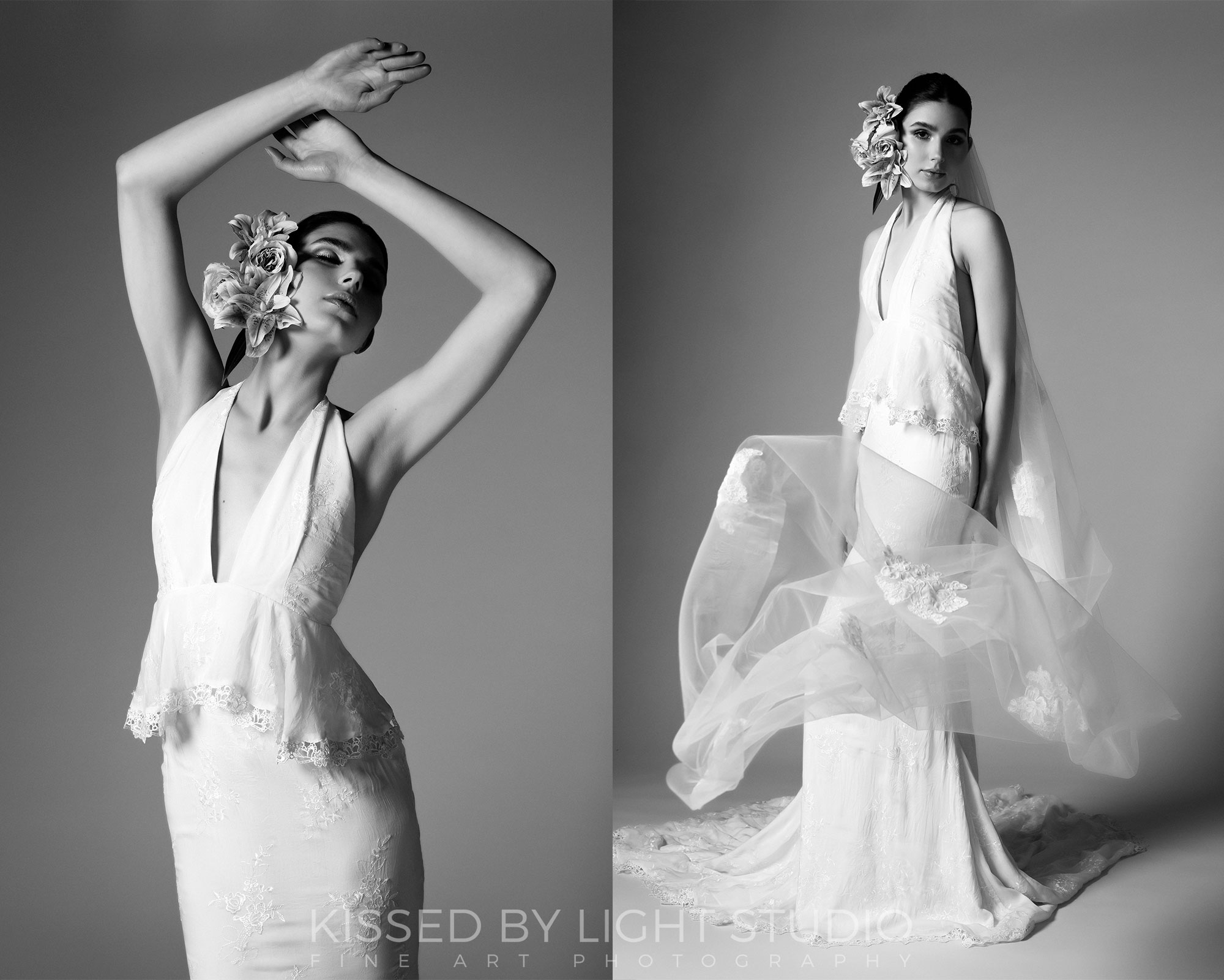 Two photos of a lady posing for a bridal portrait photoshoot in Toronto.