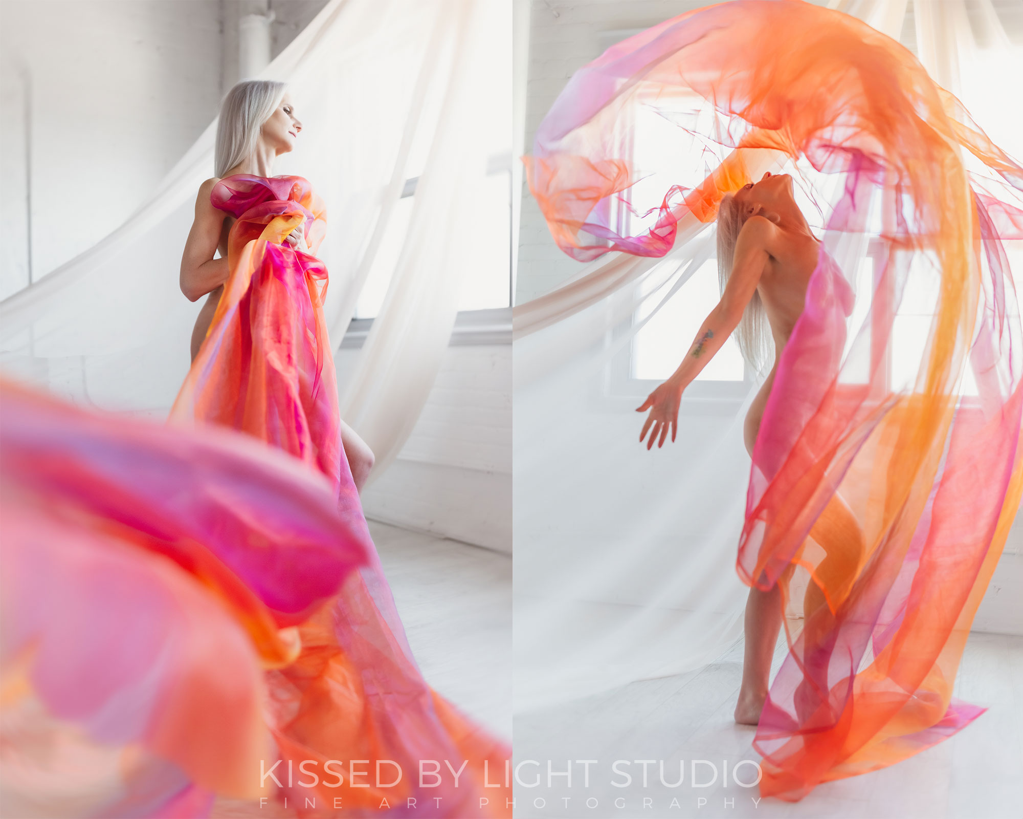 Woman dancing with orange and purple fabric.
