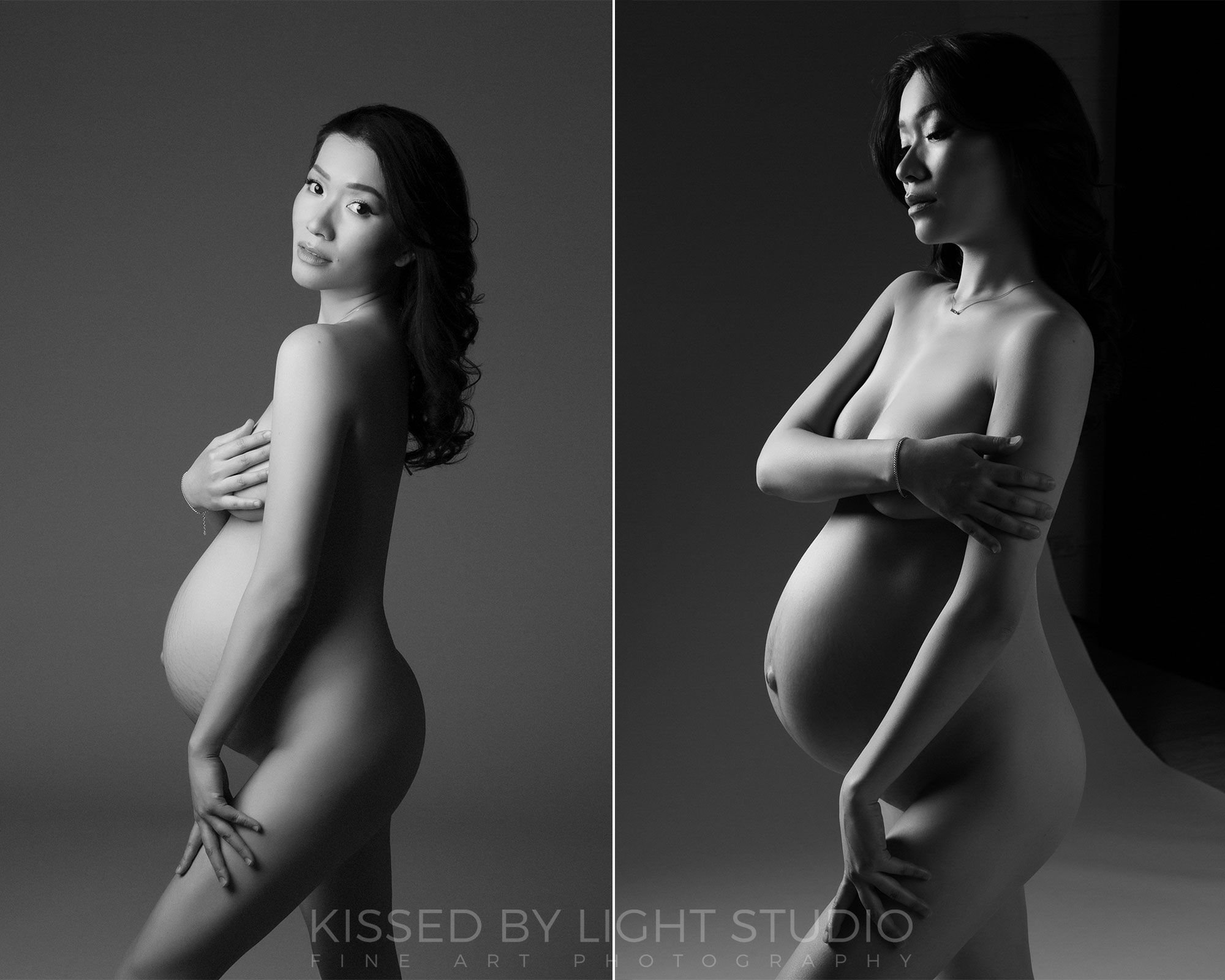 Nude pregnant lady posing for a maternity session in studio