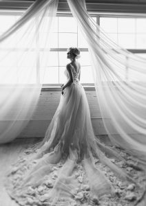 Stunning wedding dress, bridal, bride, black and white photography, natural light, silhouette