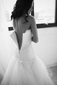 Black and white classy bridal boudoir photography, white wedding dress