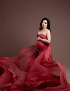 Stunning red maternity dress, pregnancy photoshoot photography sessions, female photographer