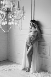 Classy elegant black and white maternity photography Toronto, dreamy, goddess, white dress