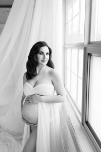 Classy elegant black and white maternity photography Toronto, dreamy, goddess, white maternity dress