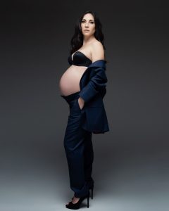 Beautiful pregnant woman ink dress, Elegant classy maternity photography, Toronto woman photography diversity Navy blue blazer , black lingerie