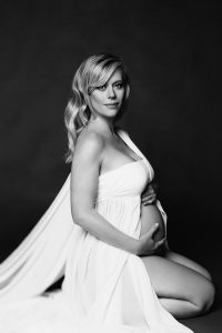 Classy elegant black and white maternity photography Toronto, dreamy, goddess white maternity dress