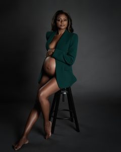 Beautiful pregnant woman ink dress, Elegant classy maternity photography, Toronto woman photography diversity, green blazer , black lingerie sitting on a chair