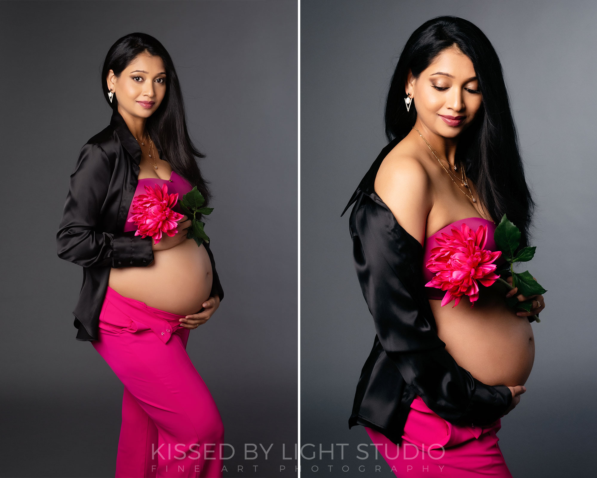 Pregnant lady wearing pink for her maternity photoshoot