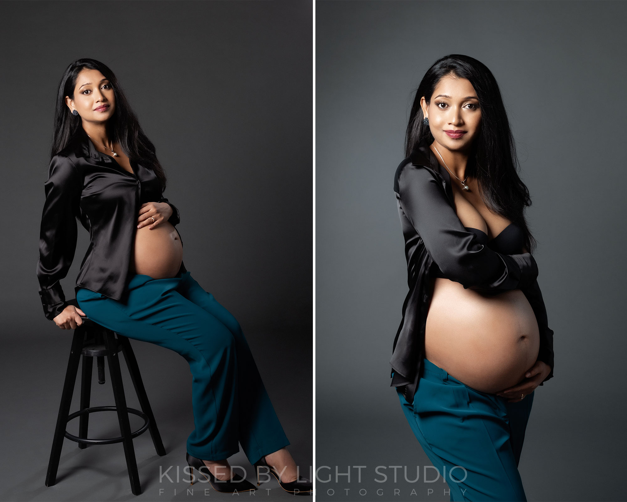 Pregnant woman posing on a grey background