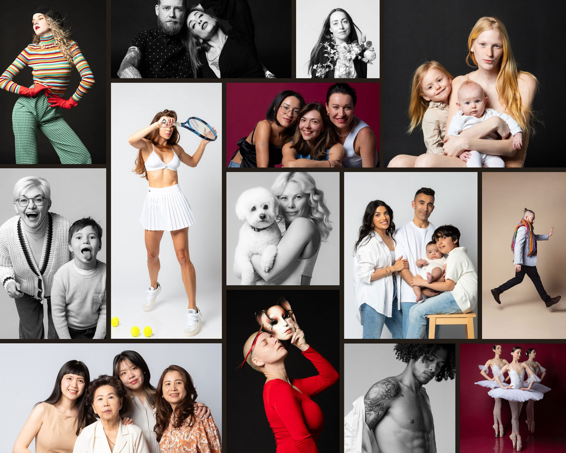 Collage of diverse self-portrait studio photography sessions featuring individuals, families, couples, dancers, pets, and friends in colorful and minimalist settings.