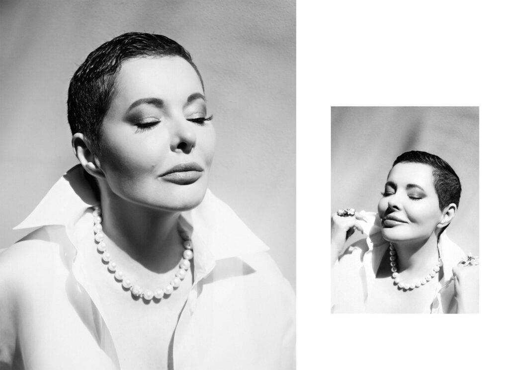 Timeless elegant portrait photography of a confident woman with short hair, natural light, and classic styling