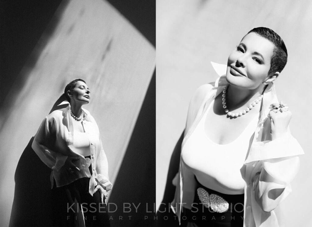 Fine art portrait of a confident mature woman captured in natural light with elegant minimalist styling