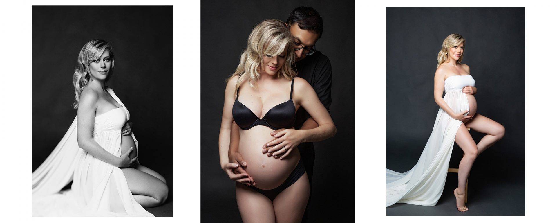 A maternity series of photos with a blonde woman and her husband.