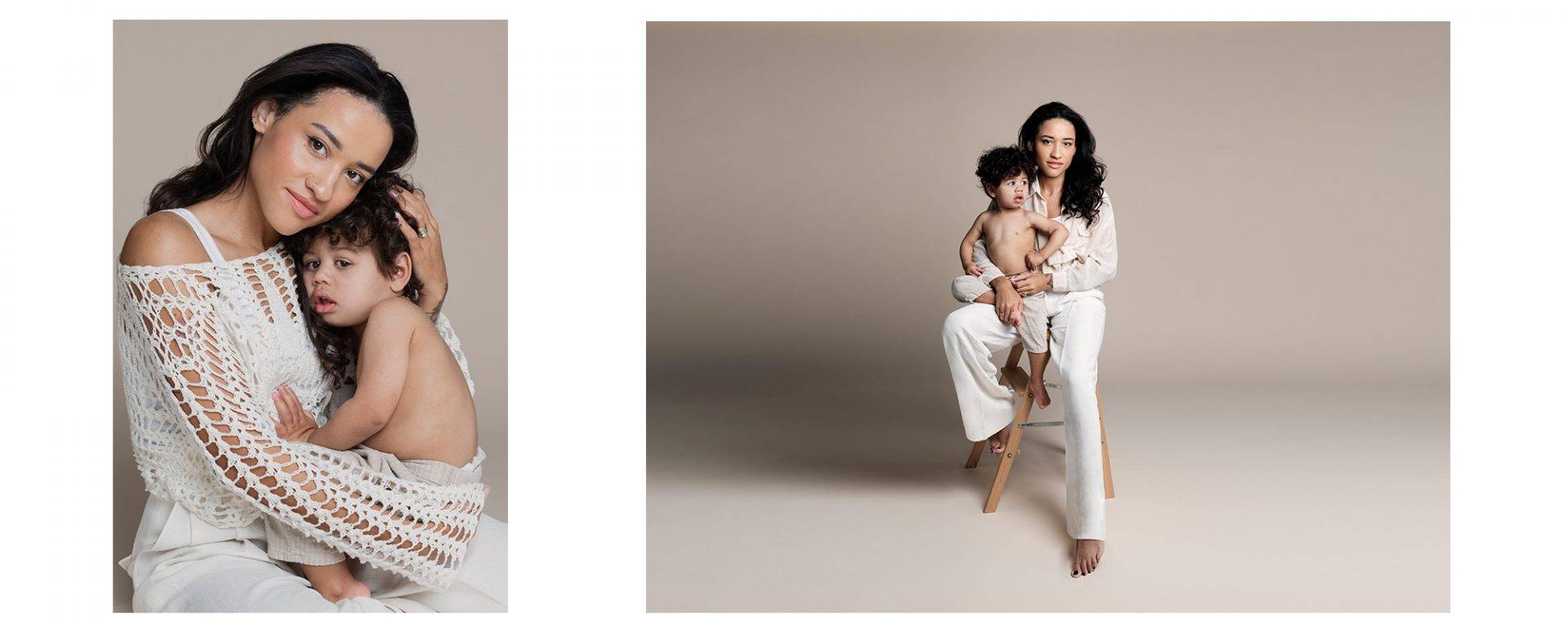 A mother and her baby posing in a photography studio in Toronto.