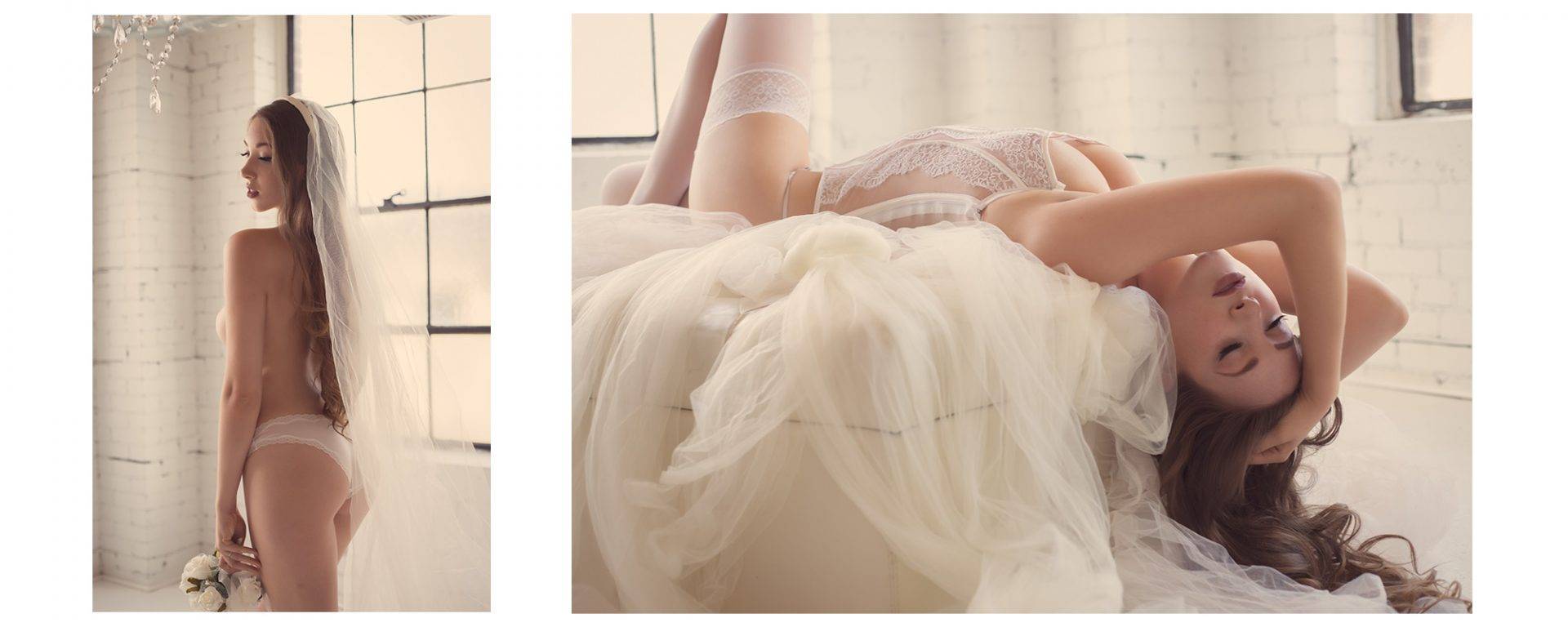 Lady wearing white lingerie and a veil for her bridal boudoir photos.
