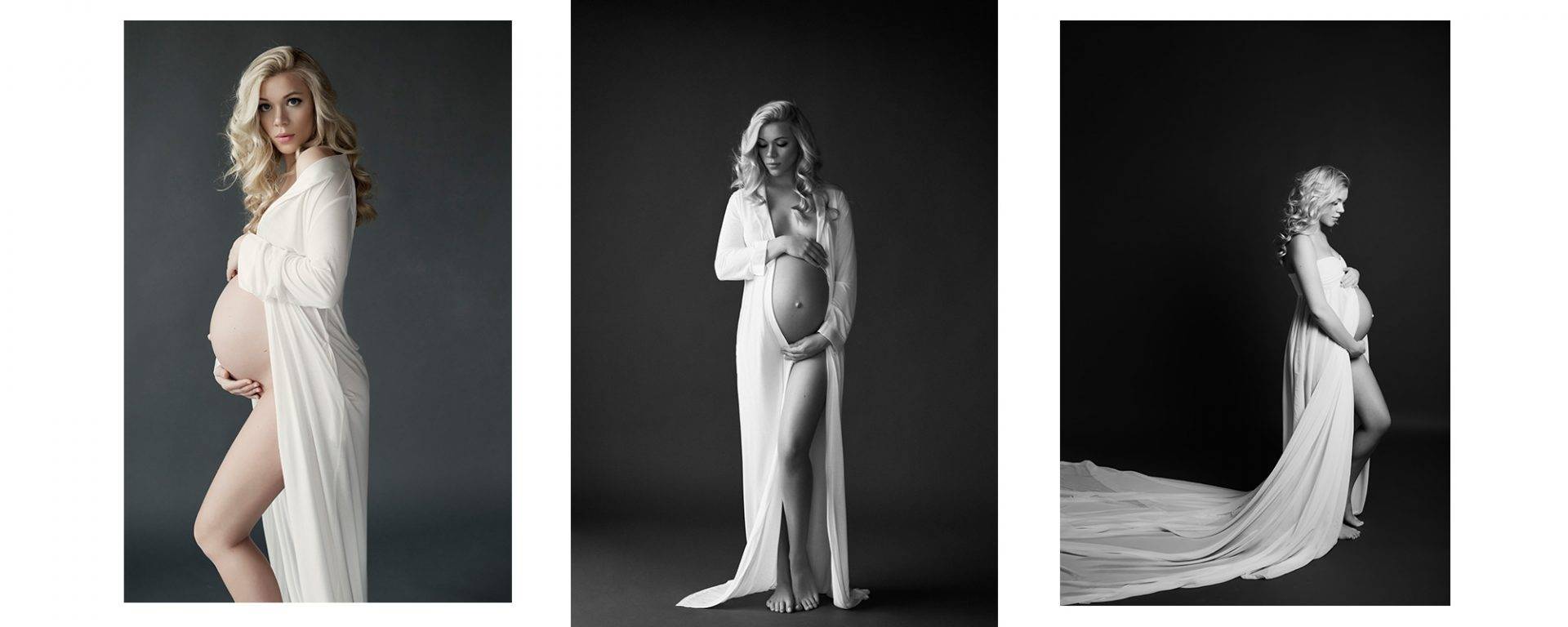 Blonde pregnant lady wearing a white robe for maternity photos.