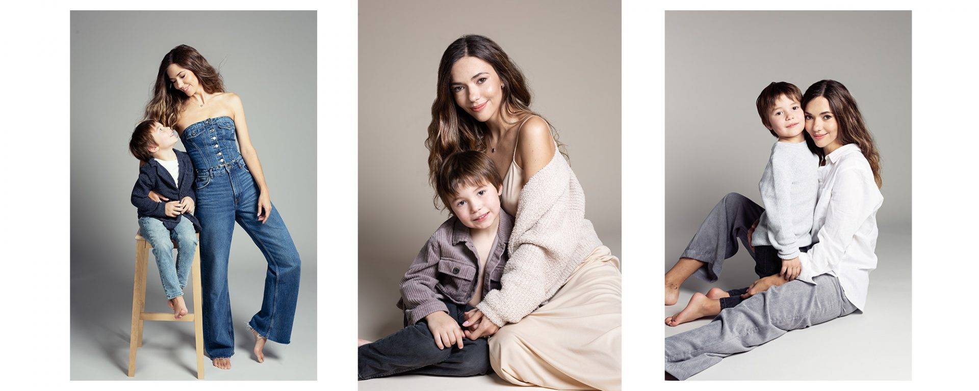 Family photos in studio of a mother and her son.