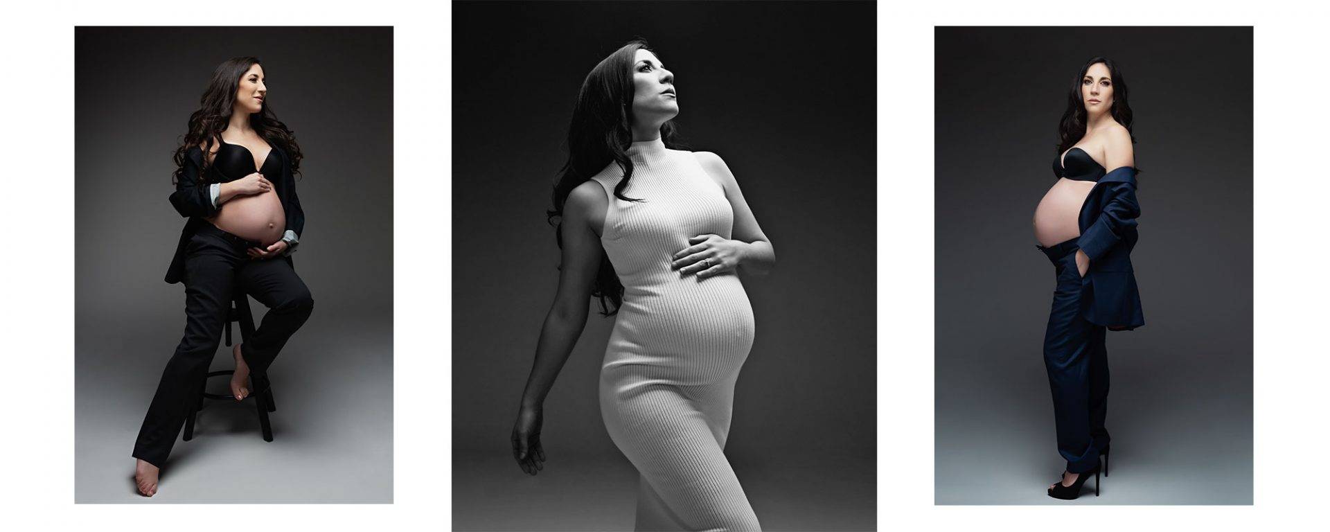 Pregnant lady wearing a suit for maternity photos.
