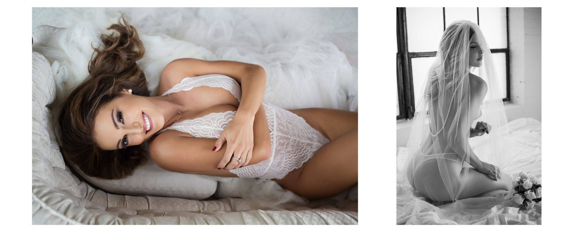 Best boudoir photographer captured a lady posing in white lingerie, veil, pearls and flowers