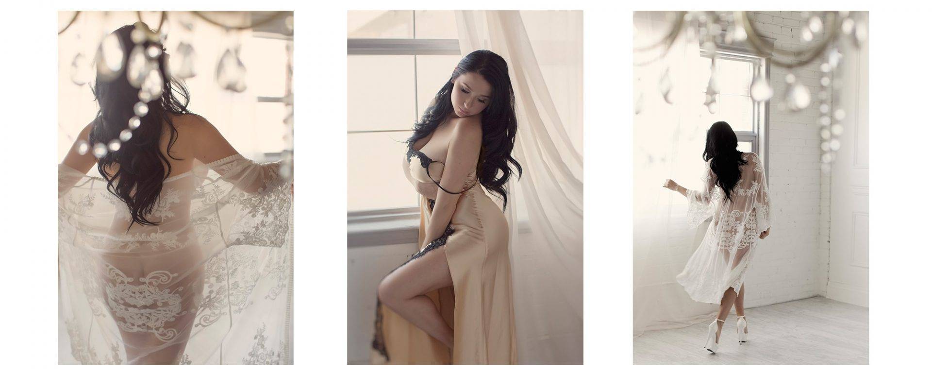 Bridal boudoir photos of a lady wearing a white lace robe and a gold nightgown.