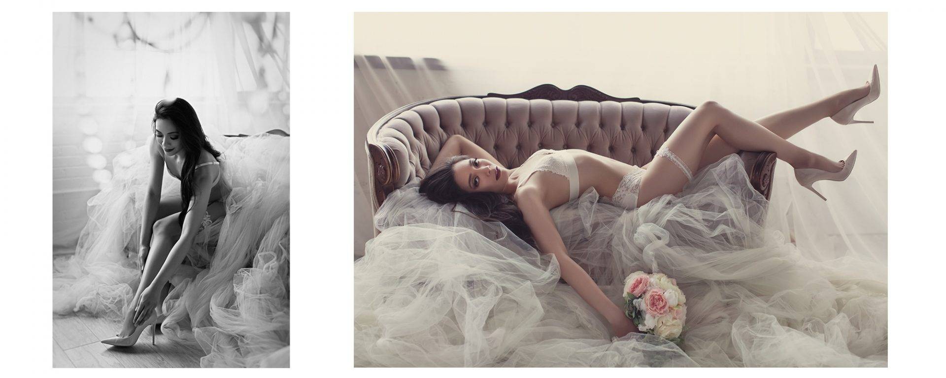 Lady in white lingerie holding flowers for a wedding boudoir shoot.