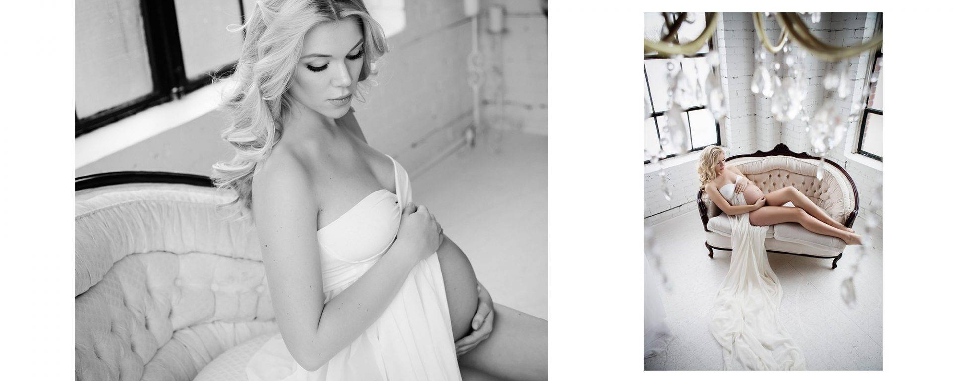 Romantic pregnancy photos of a blonde lady wearing a long white dress.