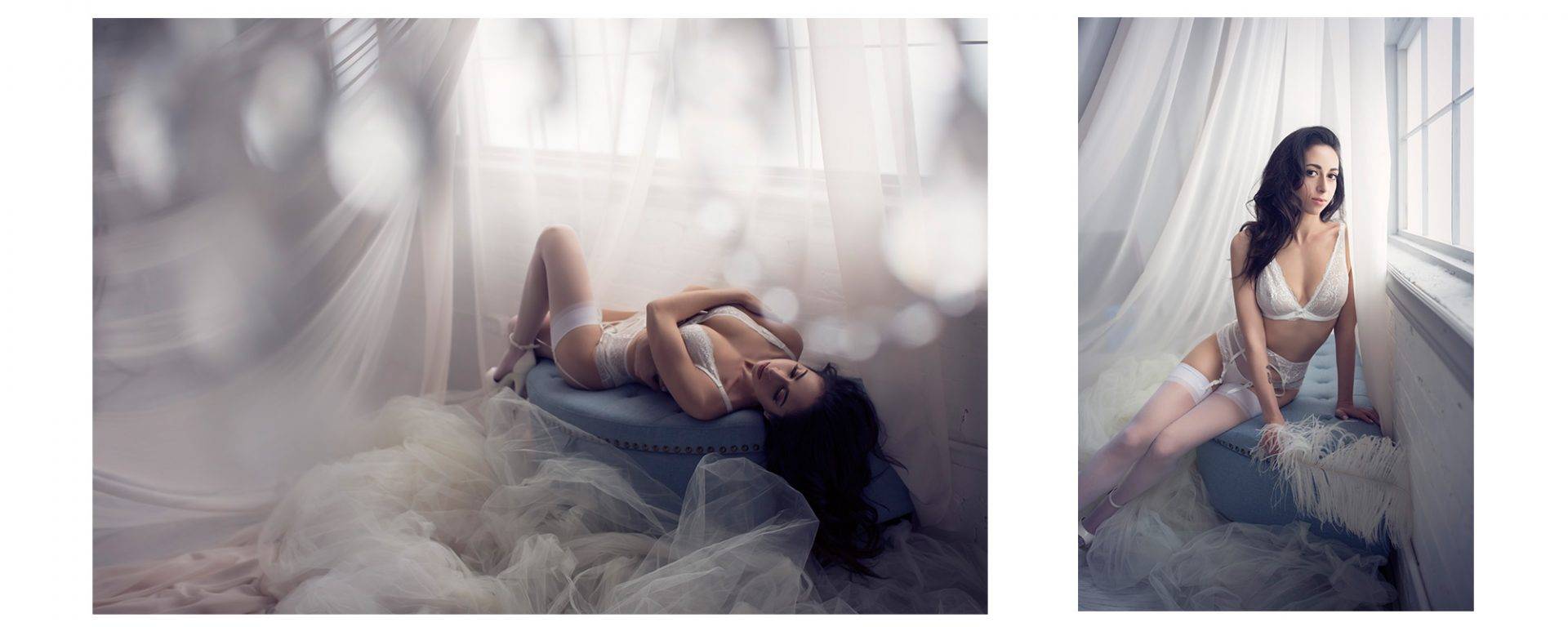 Boudoir photographer capture of bridal look of lady in white lingerie and stockings on a blue ottoman.