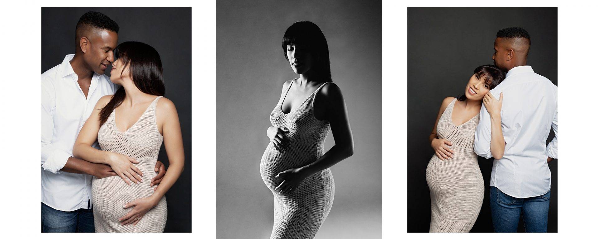 Couple maternity photos in studio.