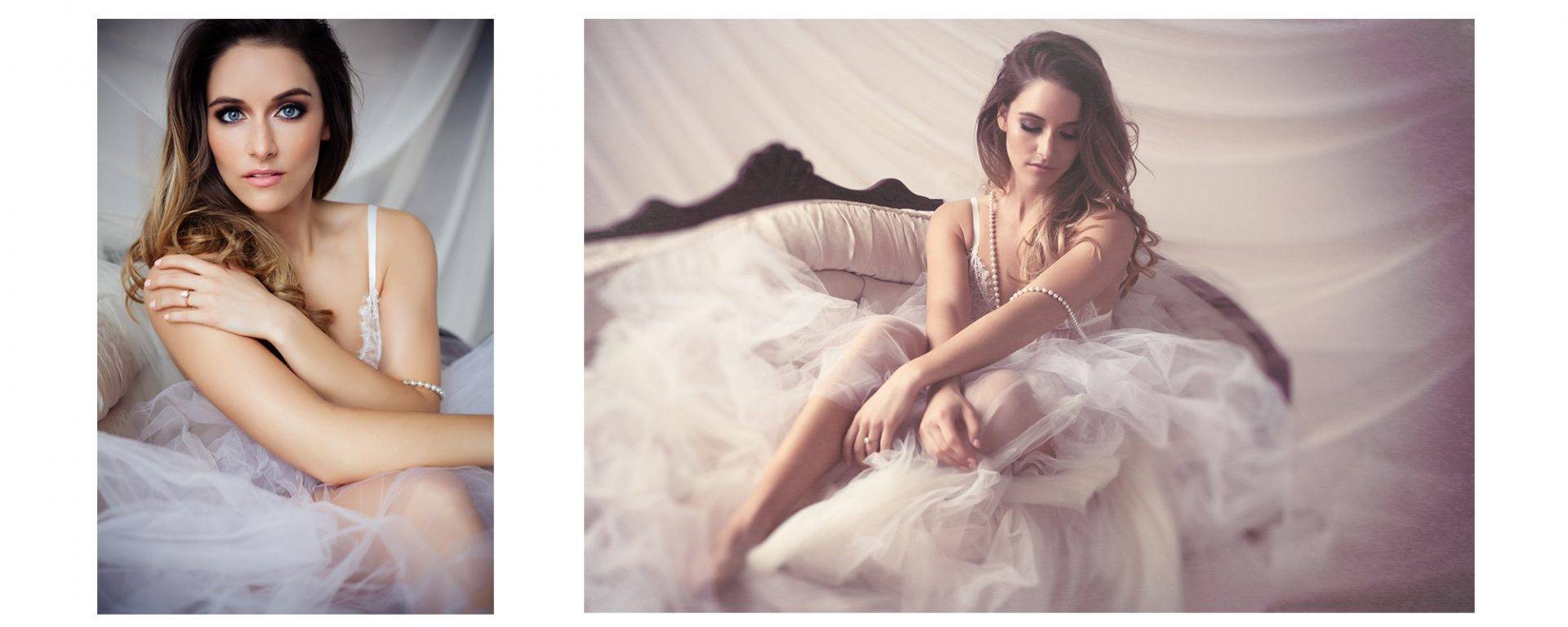 Lady with pearls and white lingerie for a bridal boudoir photoshoot.