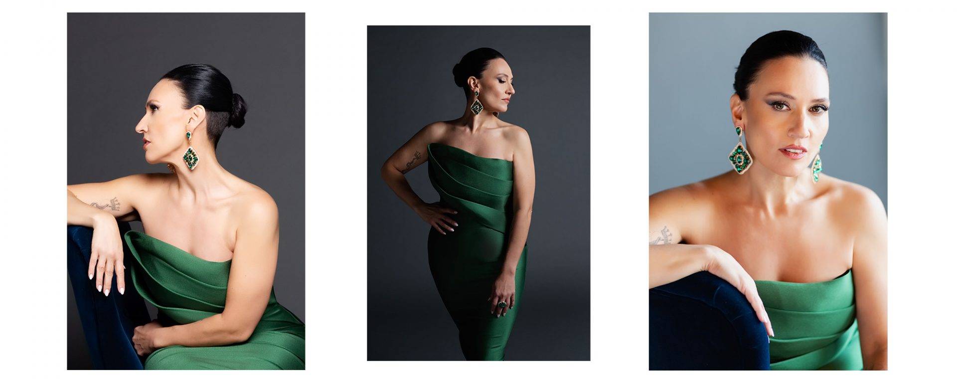 Elegant portraits of a lady with a green dress.