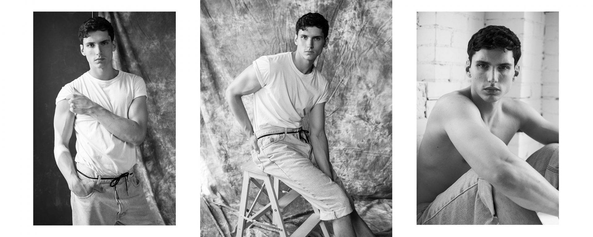 Black and white male modelling photos. Model is wearing white a t-shirt.