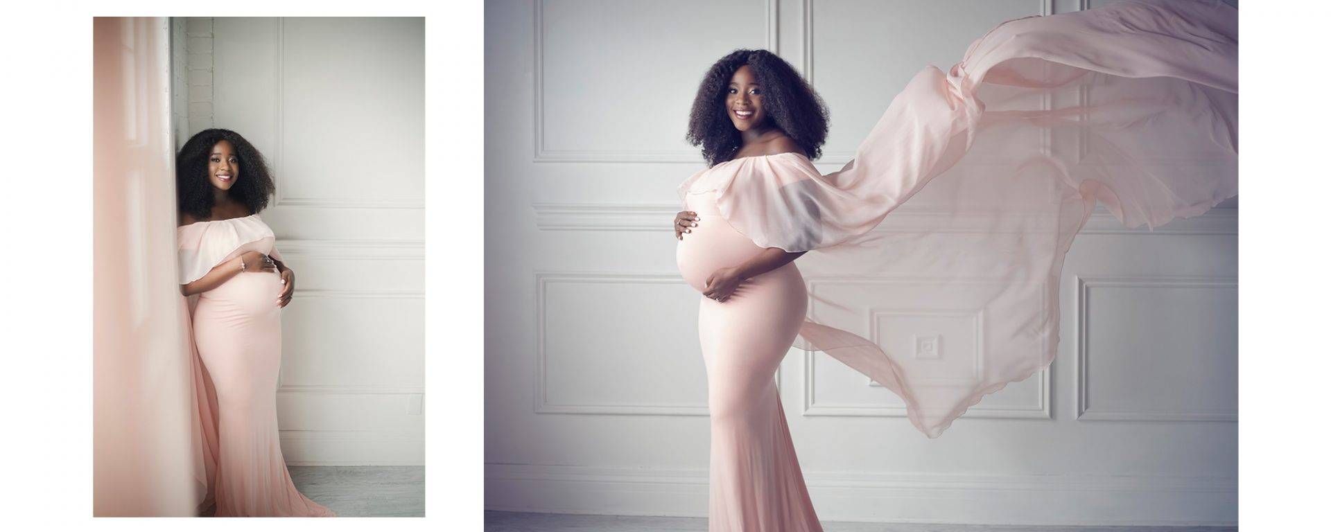 Dreamy maternity session for a lady wearing a pink dress.