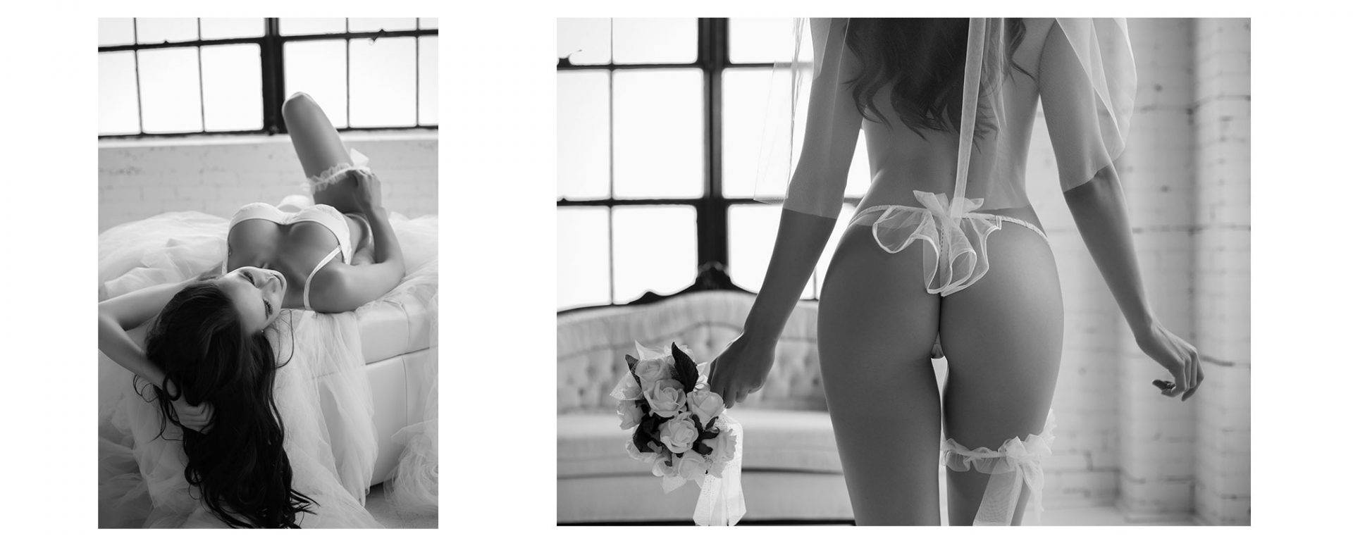 Lady in white lingerie holding flowers for a boudoir photoshoot.