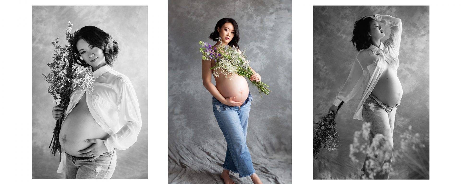 Pregnancy photos with jeans and flowers.