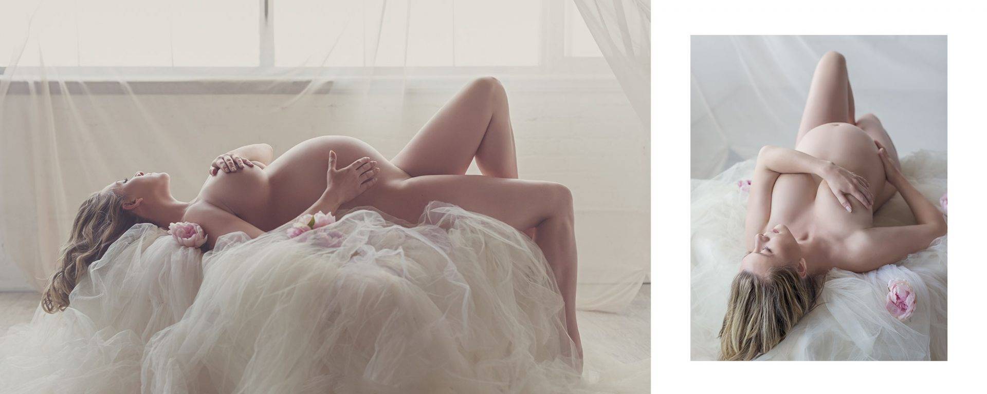 Romantic and elegant maternity nude photos with fabrics and flowers. 