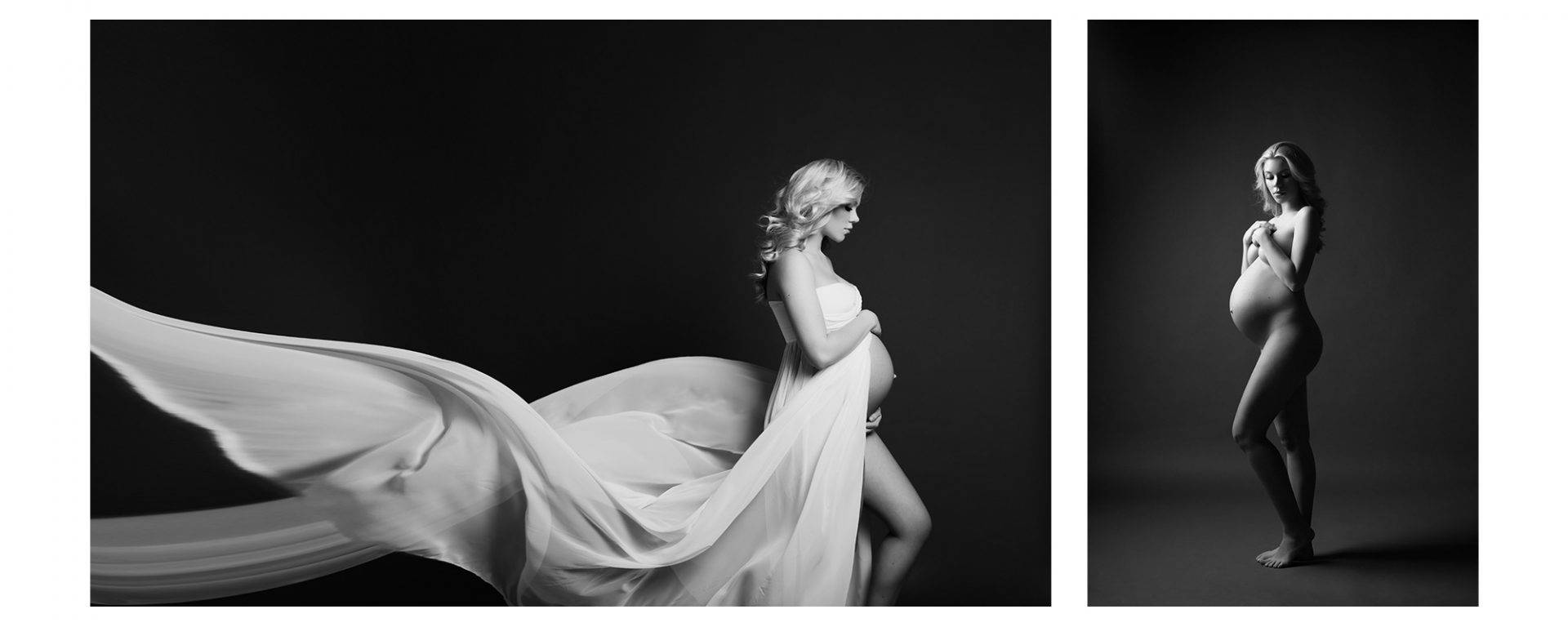 Black and white maternity photos of a blonde lady wearing a white dress.