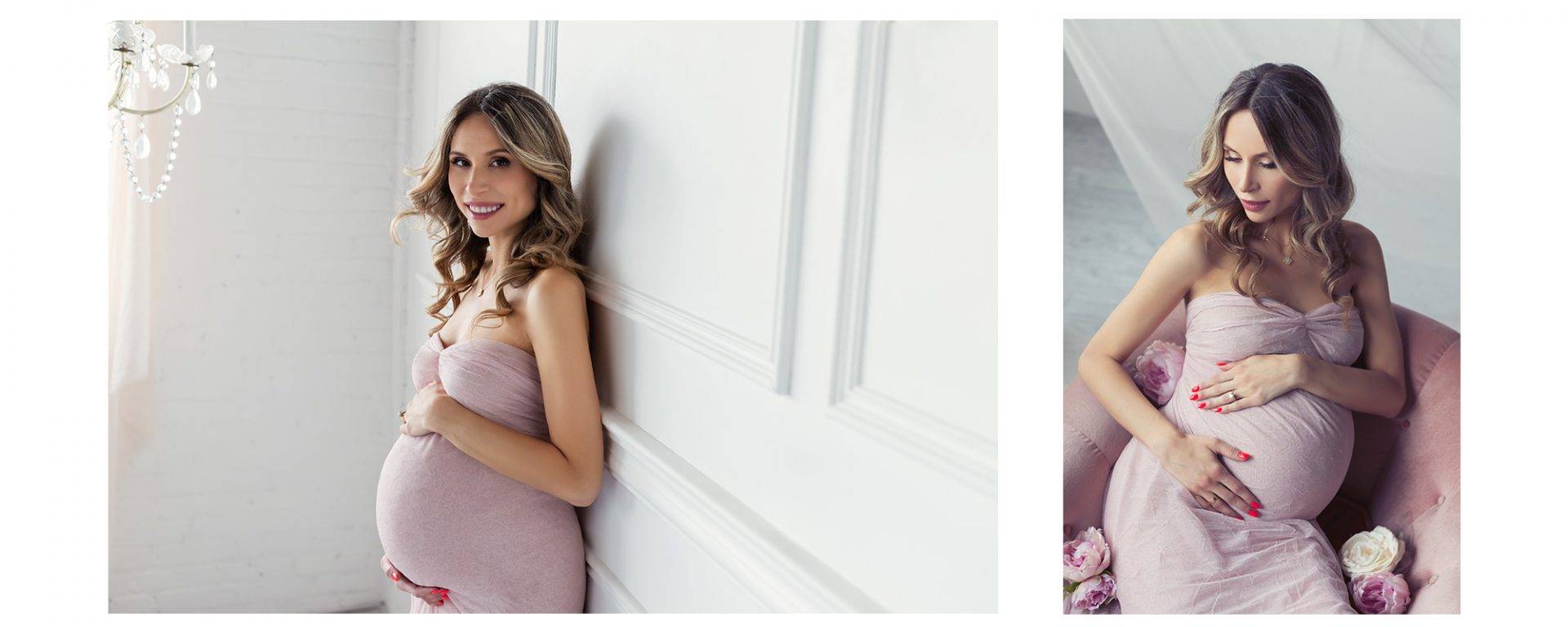 Maternity photos with pink dress and flowers. 